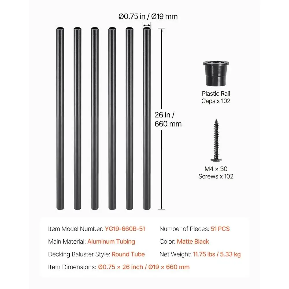 Metal Staircase Balusters 51 Pack 26 Inch Aluminum Spindles with Screws and  Caps for Sturdy Railing Design