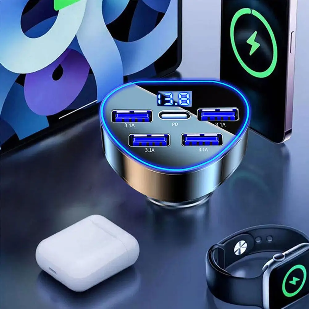 Carregador de carro com 5 portas para iPhone, Adaptador de carregamento rápido, USB tipo C, isqueiro, PD, QC3.0, 66W