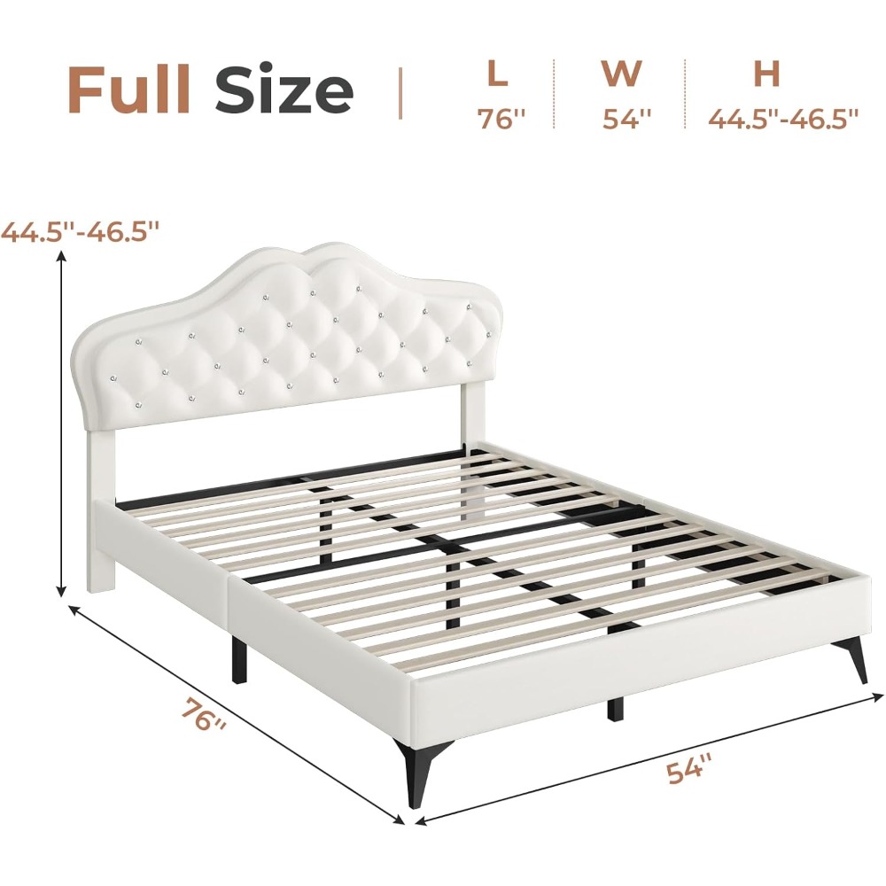 Full Size Upholstered Bed Frame with LED Lights, Adjustable Headboard with Crystal Button,Solid Wood Slats Support