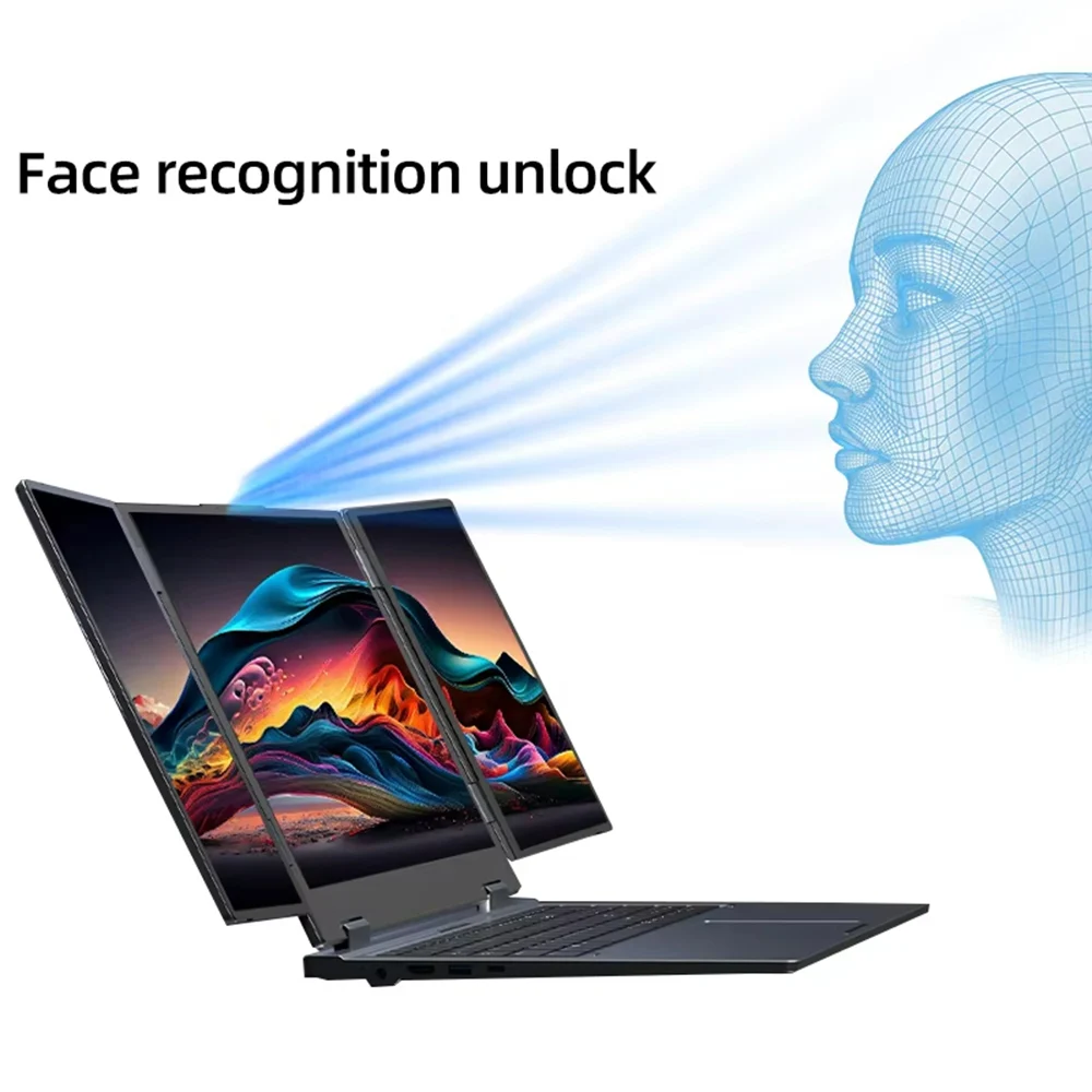 16+2*10.5 inch Triple Screen Gaming Laptop Intel Core i7 1260P 64GB RAM 2TB Notebook Fingerprint/Face Recognition Unlocking PC