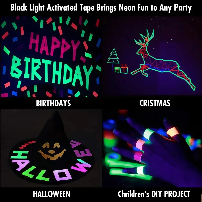 6-Rollen Neon Gaffer-Stoffband, fluoreszierendes UV-Schwarzlicht, im Dunkeln leuchtendes Klebeband für UV-Party-Material, Handkonto-Klebeband, Geschenkpackung