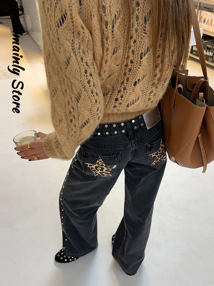 High Street Nieten Y2k Frau Lange Jeans Denim Stern Patchwork Niedrige Taille Gerade Hosen 2025, Neue Mode Casual frauen Hosen