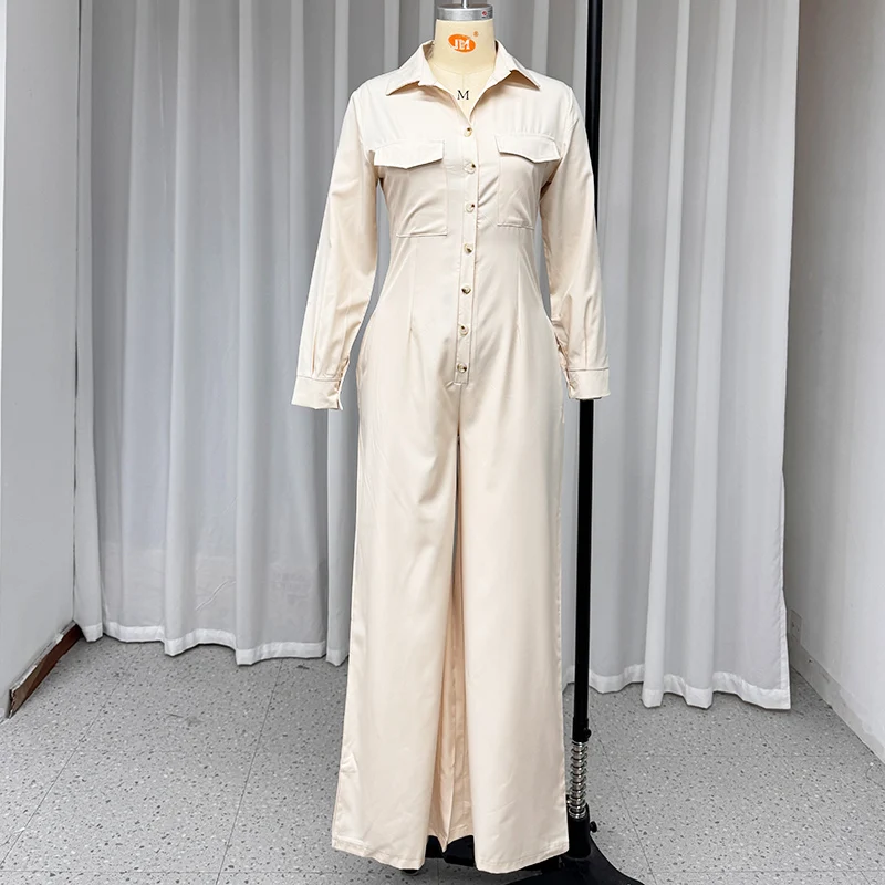 Wefads 女性ジャンプスーツファッション固体長袖ラペルシングルブレストボタンニップウエストワイド脚ロングジャンプスーツストリート