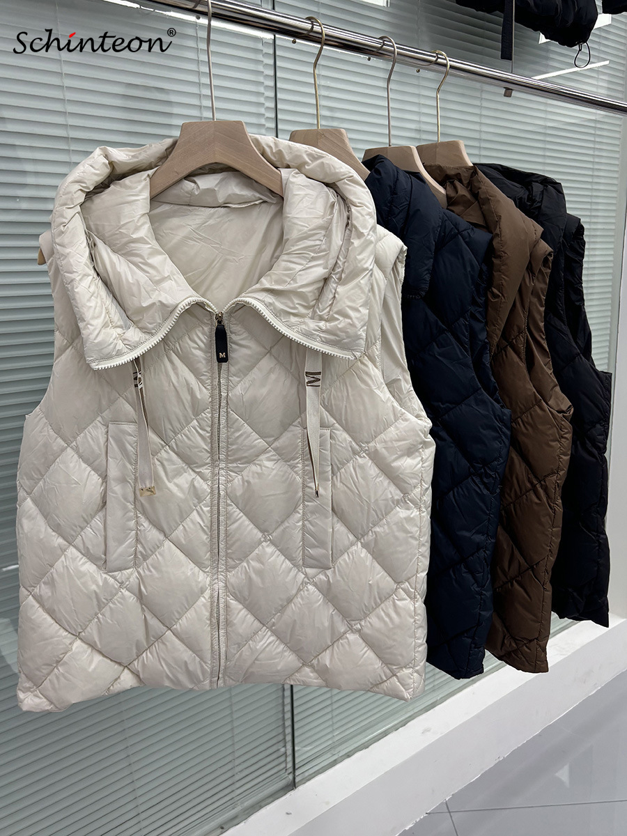 Schinteon Damen-Weste aus 90 % weißer Entendaunen mit Kapuze, lässige ärmellose Jacke, Argyle, schlicht, modisch, Herbst-Winter, schlankes Top, Neu