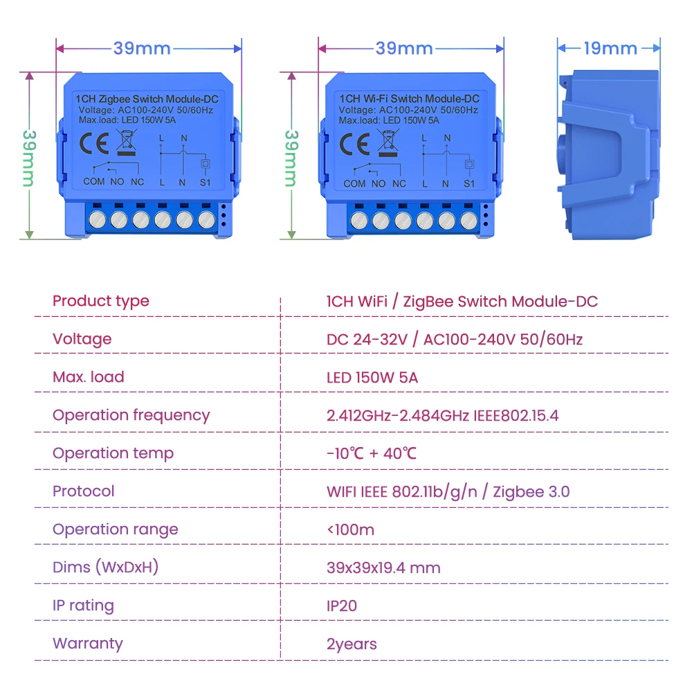 AVATTO-Disjuntor universal de contato seco inteligente, módulo de comutação, funciona com Alexa, Google Home, Wi-Fi, ZigBee, DC 24-32V, CA 100-240V