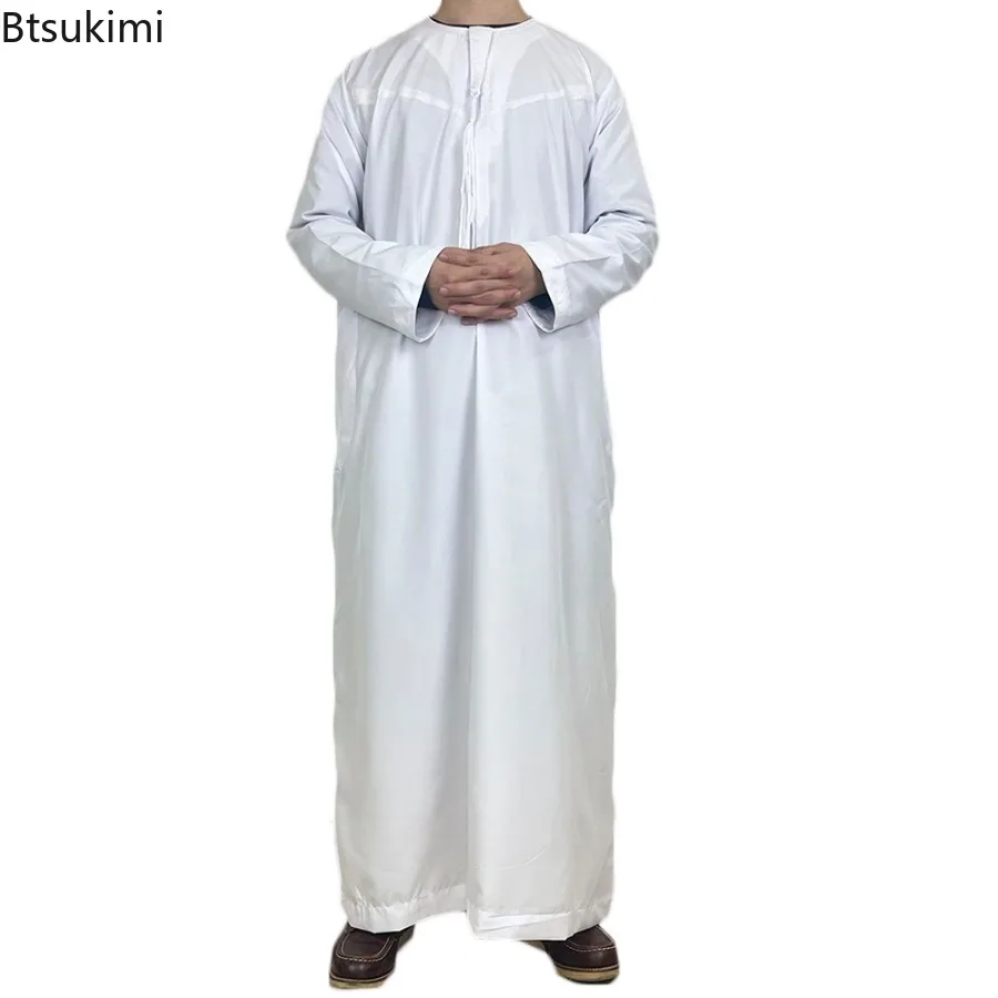 Kaftan árabe de Oriente Medio para hombres, ropa musulmana, batas lisas de manga larga con cuello redondo, trajes nacionales informales sueltos para hombres Jubba Thobe