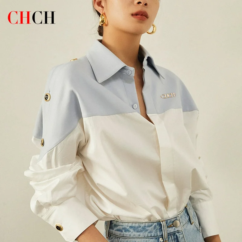 Chch camisa feminina 2025 nova alta qualidade emenda cor contrastante manga longa camisa de negócios commuter feminino wear