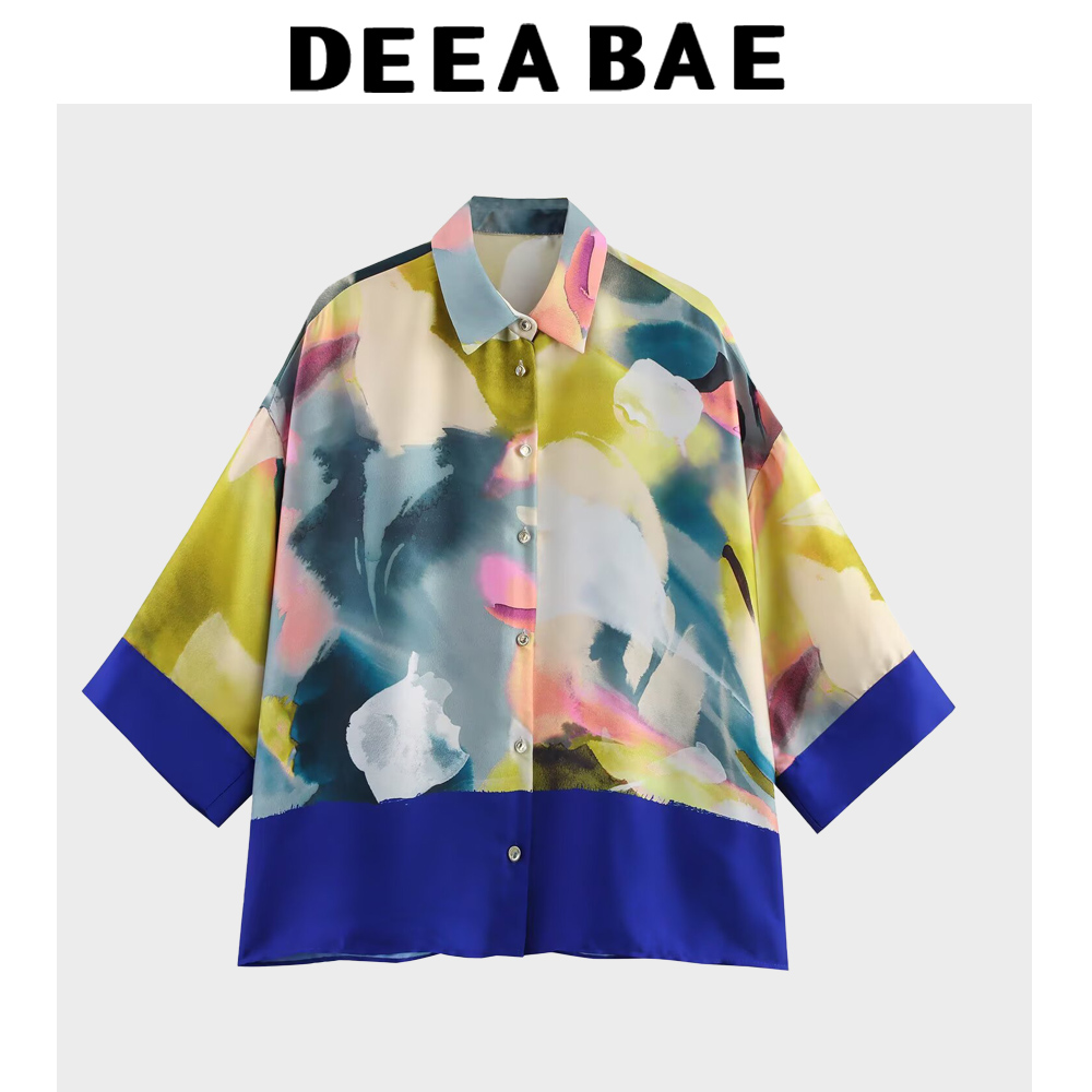 Deeabae versão coreana da nova roupa feminina retro contrastante impresso seda cetim textura camisa único breasted topo
