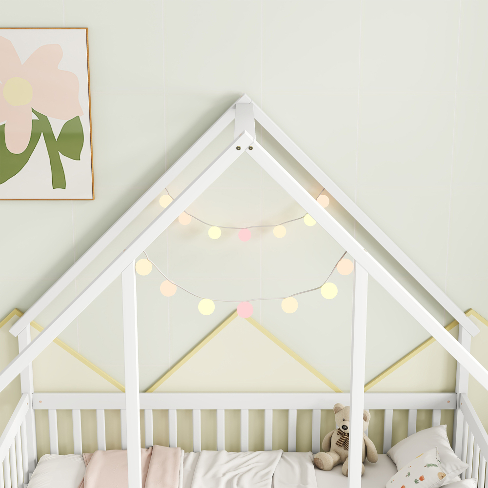 Twin Wood House-Shaped Floor Bed with Fence, Guardrails White Kids Teens Adults Space-Saving Design Full-Length