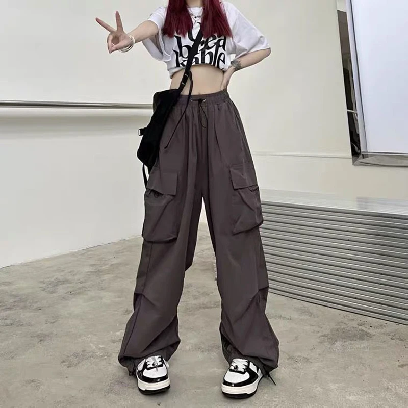 Calça casual feminina solta grande com vários bolsos, preta, multicolorida, com pernas largas