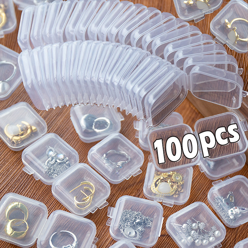 Venta al por mayor, Mini caja de almacenamiento cuadrada, cubierta abatible de plástico transparente, estuche pequeño, pastillas, joyería, pendientes, cajas de almacenamiento a prueba de polvo