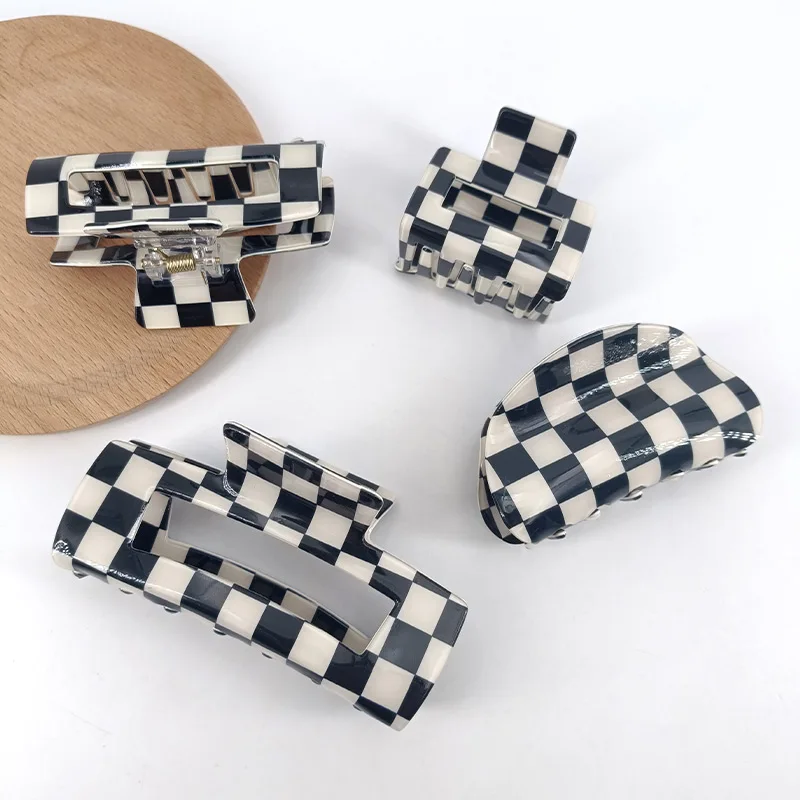 Clearance_Noir blanc damier Rectangle pinces à cheveux pour femmes filles mode pinces à cheveux pour coiffer pinces à griffes accès aux cheveux