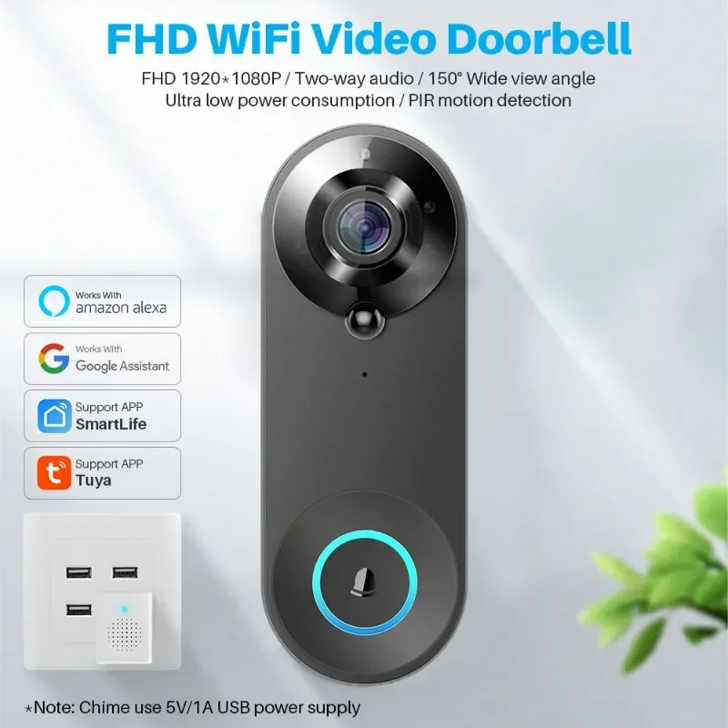 Smart Video Türklingel Kamera 1080p Wifi Video Intercom Türklingel Kamera Zwei-Wege-Audio funktioniert mit Alexa Echo Show Google Home
