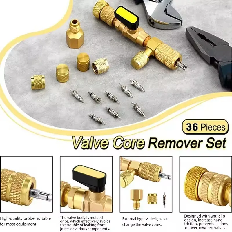 Valve Core Remover Installer Kitwith Dual Size 1/4 and 5/16 Ports for R12,R22,R32,R404,R407,R410, R404 A/C Air Condition System