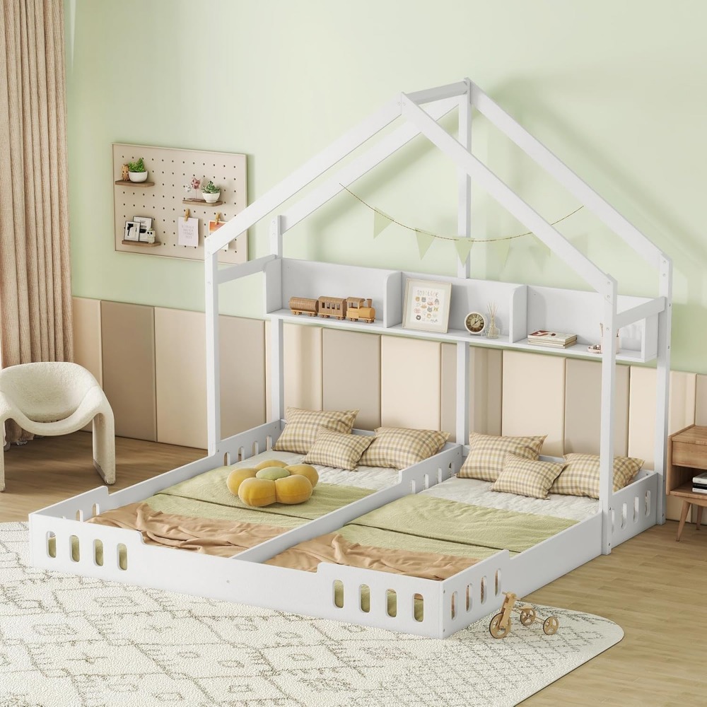 P PURLOVE Twin House Bed for 2 Kids,Double Twin Size Shared Beds with Fence Railings,House Montessori Floor Bed Frame Twin Size