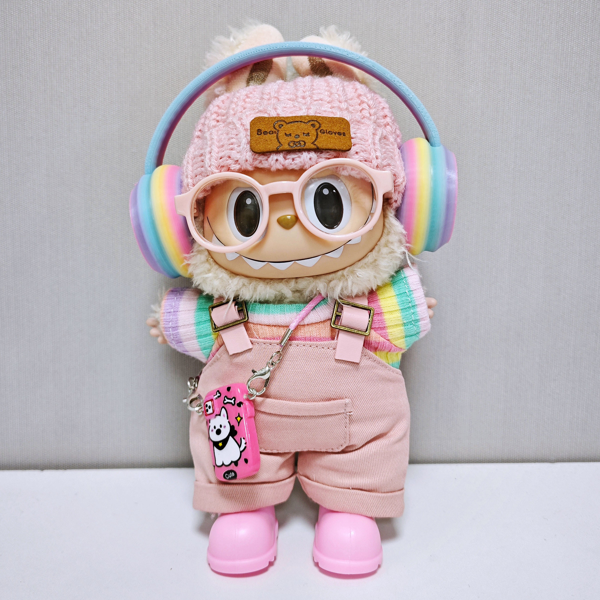 Para roupas de bebê Labubu 15cm - 17cm, feitas de tecido Labubu, macacão rosa, emparelhado com roupas de bebê