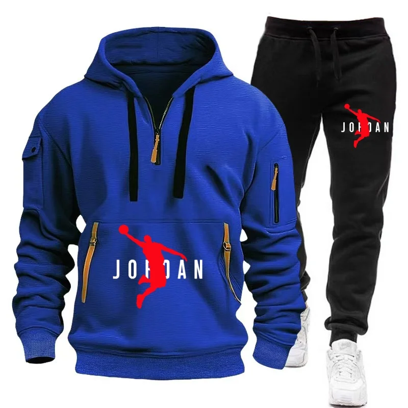 Agasalho masculino com capuz com zíper, multibolsos e calças de proteção, casual, jogging, outono/inverno, conjunto de 2 peças, tamanho grande S-3XL