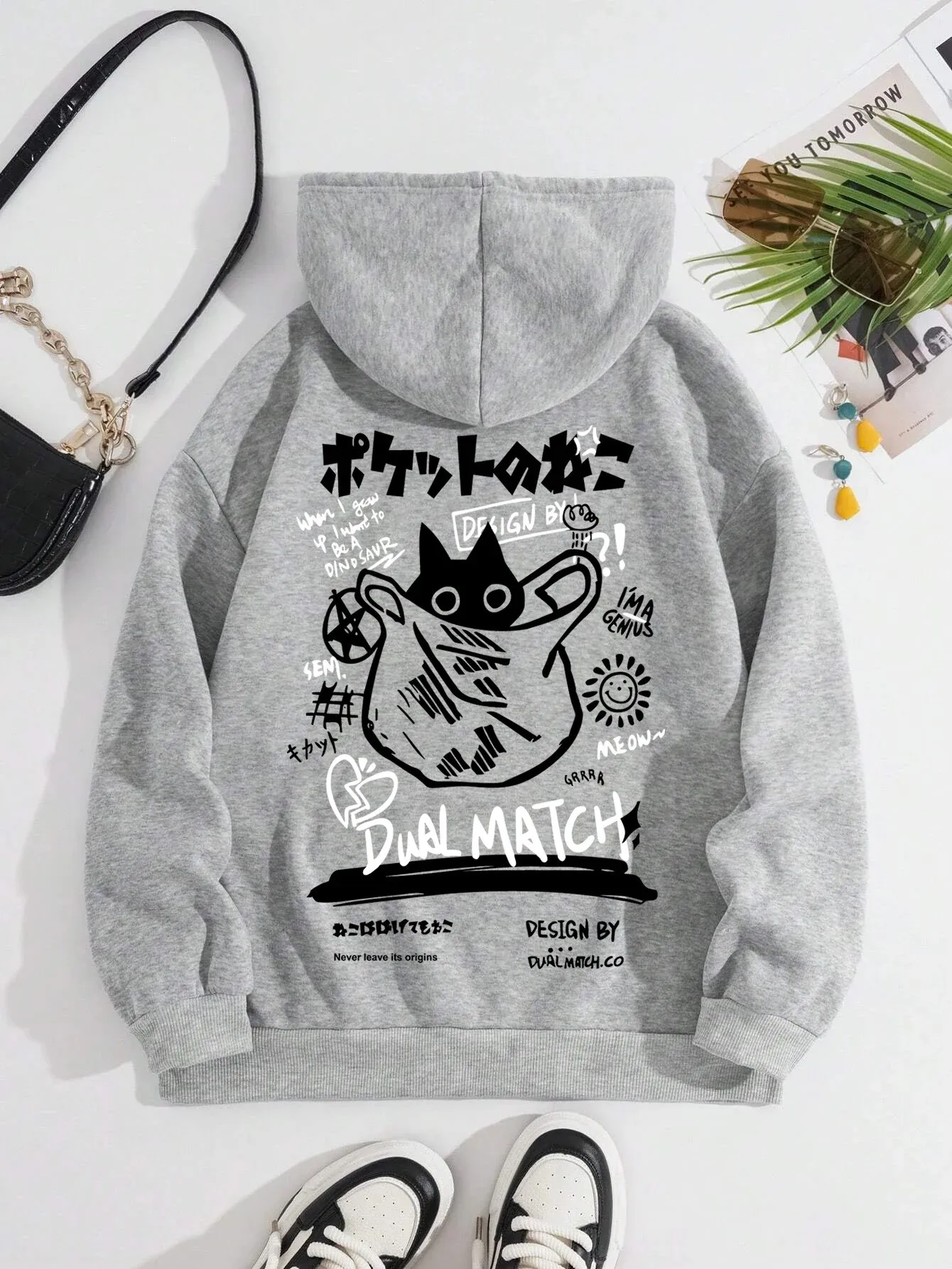 Moletom com capuz estampado unissex de comércio eletrônico transfronteiriço 2025 com capuz de gato preto e estampa de letras, manga comprida casual e confortável