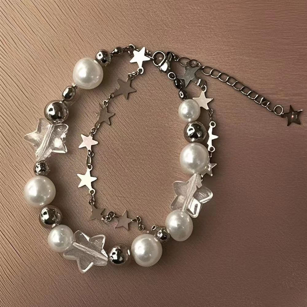คริสตัล Pentagram สร้อยข้อมือลูกปัดมุกสําหรับผู้หญิง Vintage Aesthetic Charm Double Layer สร้อยข้อมือเครื่องประดับของขวัญ