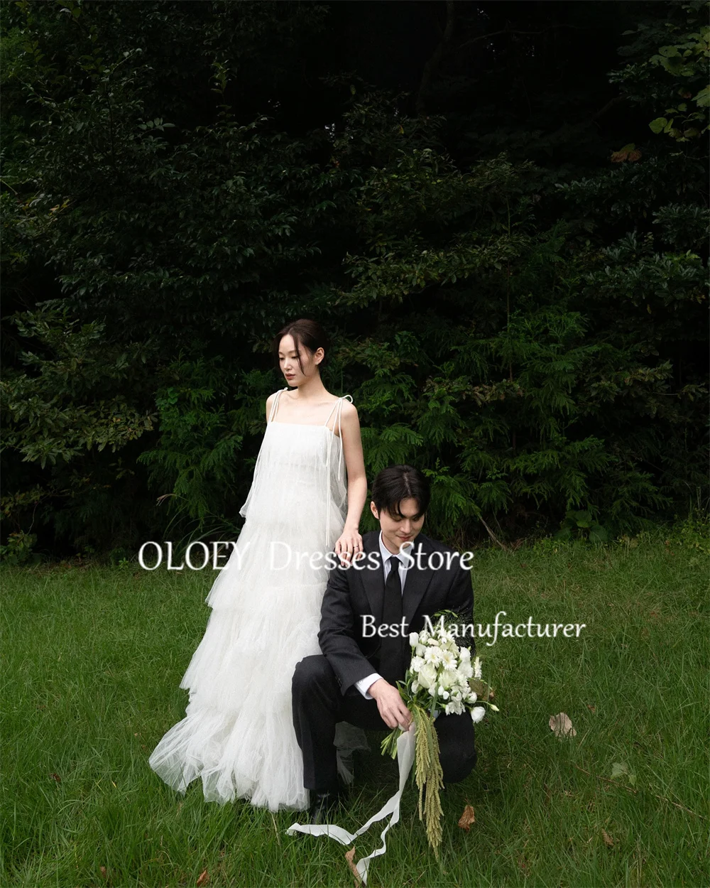 ノースリーブウェディングドレスOLOEY-Aライン,韓国写真撮影,カスタマイズされたレイヤードチュール,スパゲッティストラップ,純粋なアイボリー,新しい,2022