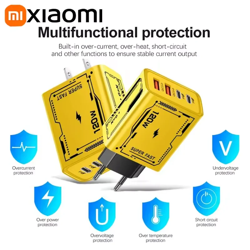 XIAOMI 120W Fast Charger 4Port USB C PD Ultra Quick Charging USB 3.0 Type C EU US Plug Mobile Phone Charger For iPhone Huawei