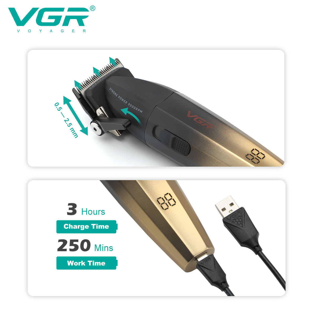Vgr máquina de cortar cabelo profissional aparador de cabelo elétrico sem fio máquina de corte de cabelo 9000rpm trimmer clipper para homem V-003