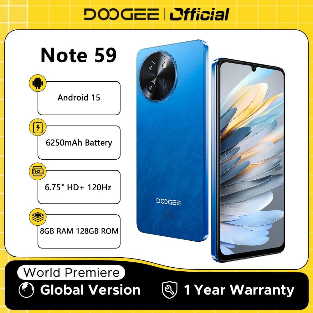 【Marca +】Versão global DOOGEE Note 59 5G Smart Phone Android 15 6250mAh Bateria grande 6,75" 120Hz 8GB RAM 128GB ROM NFC