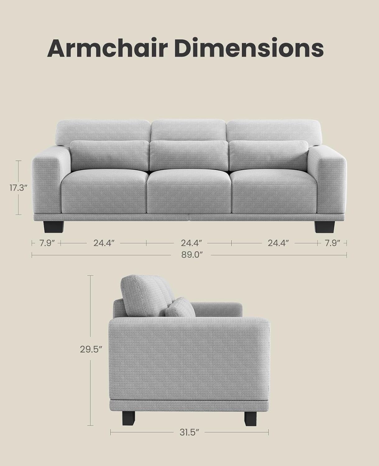 Amada 89" Sofa,3 Seater Sofa Couch for Living Room,Modern Couch with Deep Seats &Wide Armrests,Comfy Sofa