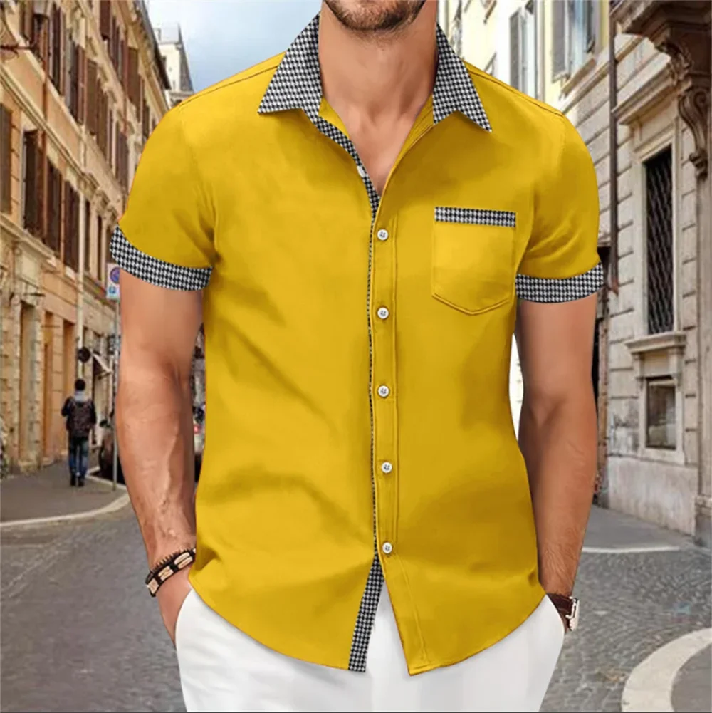 Chemise imprimée Patchwork pour hommes, couleur unie, haut à manches courtes confortable et doux, grande taille, nouvelle collection été