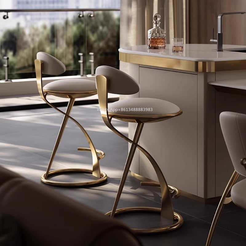 Hot HOT Light Luxury Italian Style Bar Counter High Stool Home Modern Bar High-end Hotel Metal Leather Art Backrest Single Chair