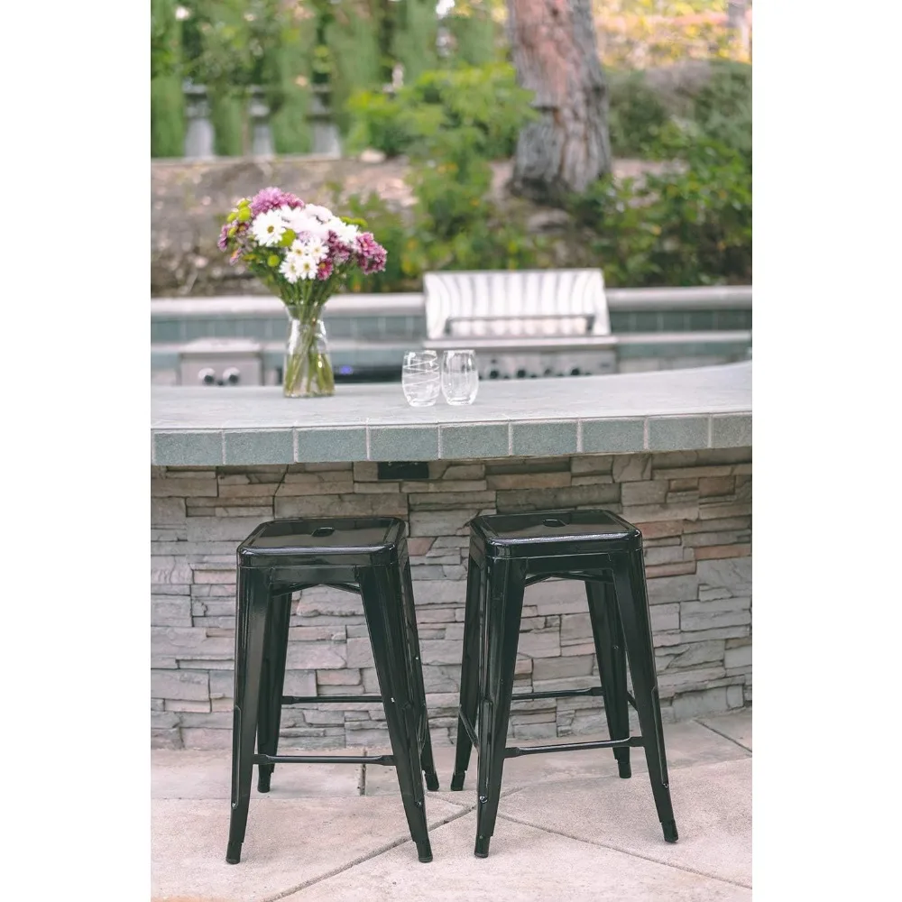 24" Bar Stools Black Backless Metal Barstools Indoor-Outdoor Counter Height Stools with Square Seat,  Set of 2