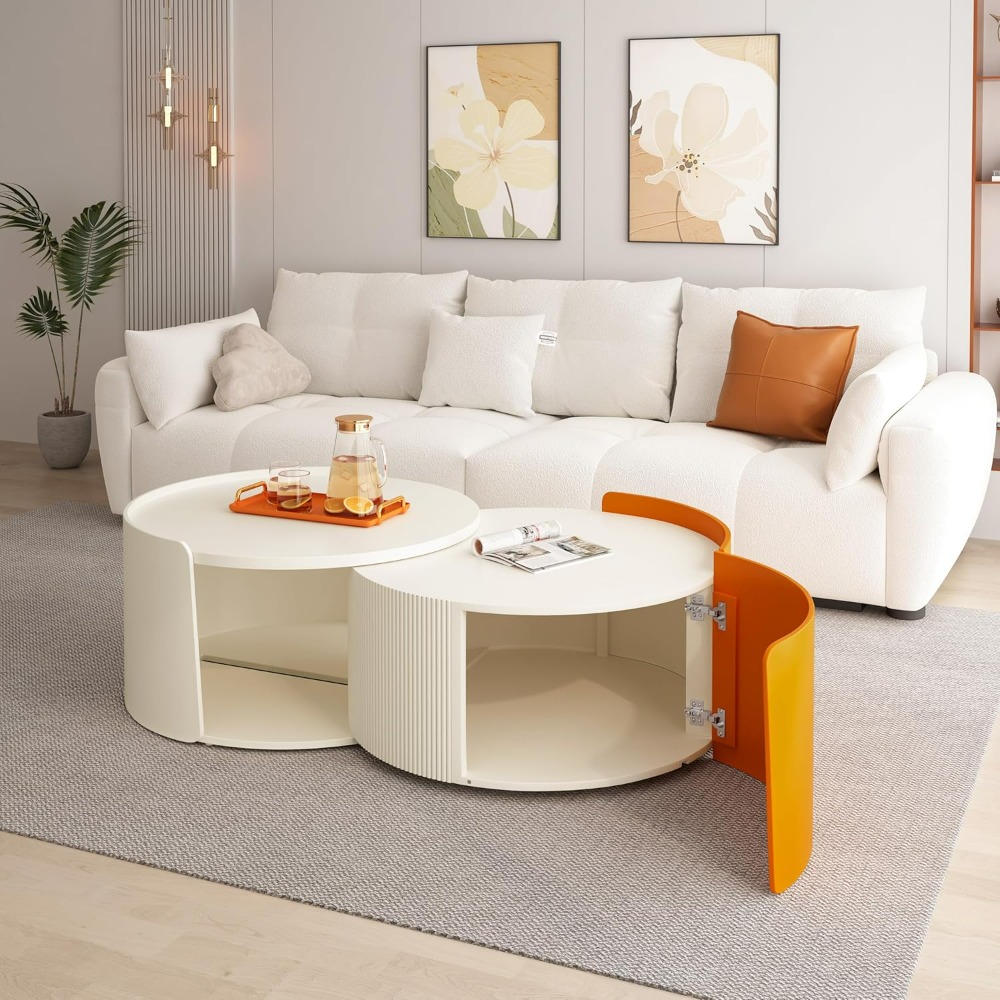 Coffee Table Set of 2, Round Nesting Table and End Table, Modern Side Tables with Extendable Sliding Tabletop, No Need Assembly