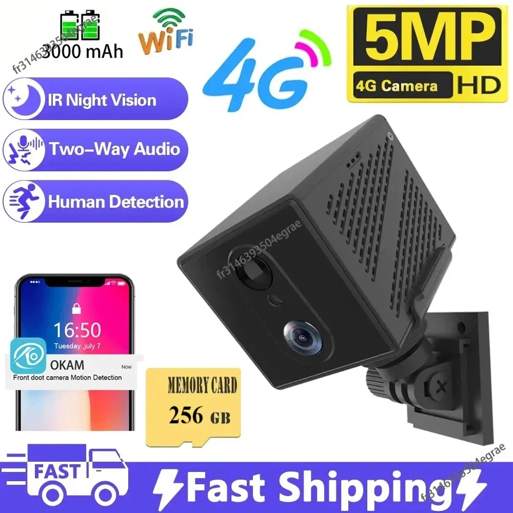 Kamera IP Mini 256/64GB z Kartą SIM 4G, 5MP, Bateria 3000mAh, Bezprzewodowa Wifi, Noktowizor, Detekcja Ruchu, CCTV, Dwukierunkowa Komunikacja Głosowa