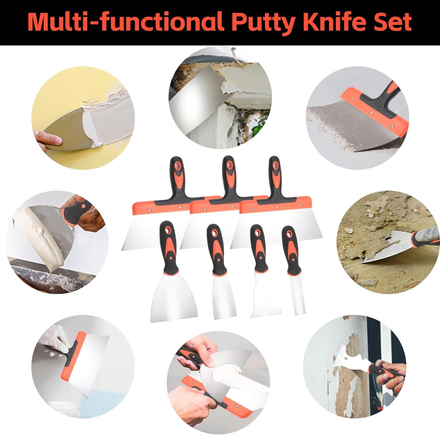 Set di coltelli per cartongesso, Kit di attrezzi manuali in acciaio inossidabile da 10 pezzi include spatola, coltello per nastrare, strumento per raschietto per pittore e padella per fango