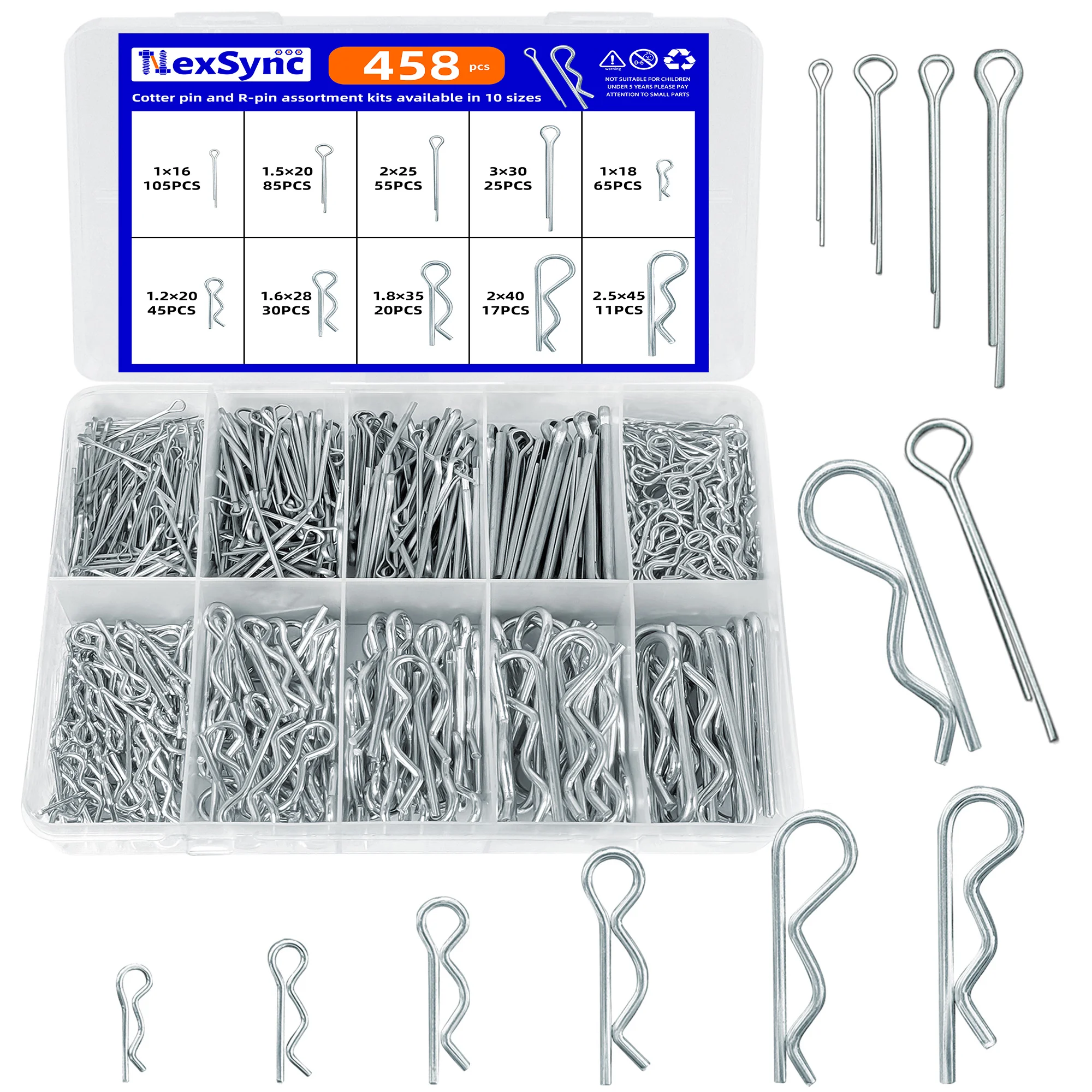 Kits surtidos de pasador de chaveta y pin R, 458 Uds., disponibles en 10 tamaños, pasador de bloqueo, Pin dividido, Clip para Tractor, pasador de enganche mecánico de carbono