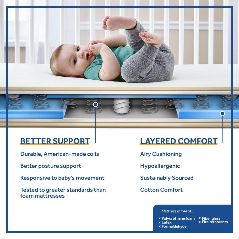Posturepedic Grace Hybrid Breathable 2 Stage Waterproof Crib Mattress plus Toddler Bed Fit, Non Toxic, Hypoallergenic,