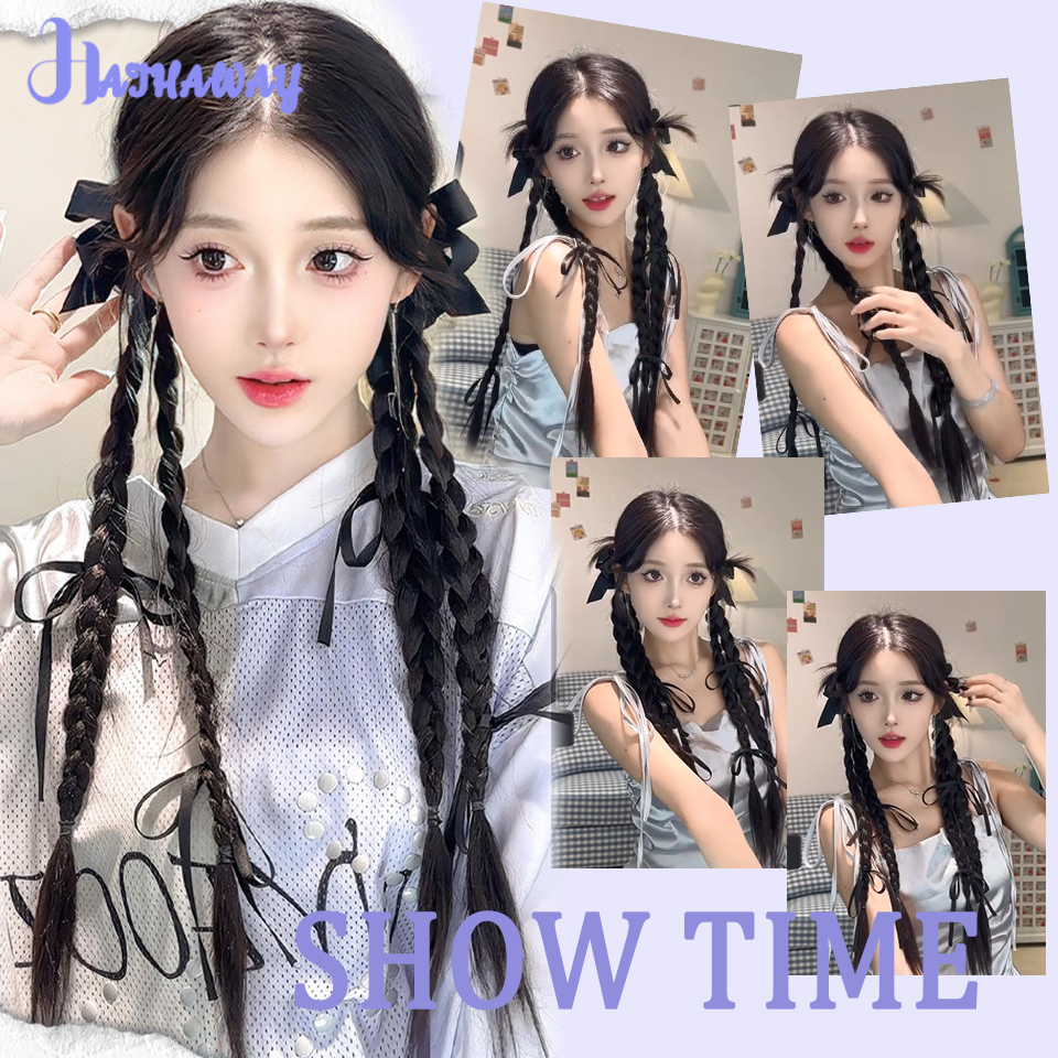 合成ポニーテールウィッグ,女性用ボクシング編組,ナチュラルボウ,ダブルツイスト,ブラックリボン,中国語,新品,20インチ