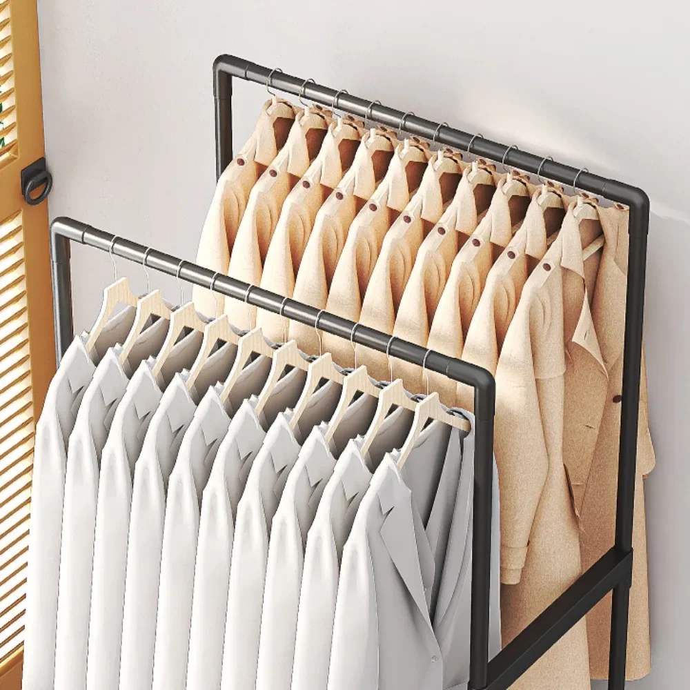 Double Pole Coat Rack Movable Clothes Storage Racks Multi Functional Clothing Hanger Shelves with Wheels Bedroom Stand Wardrobe