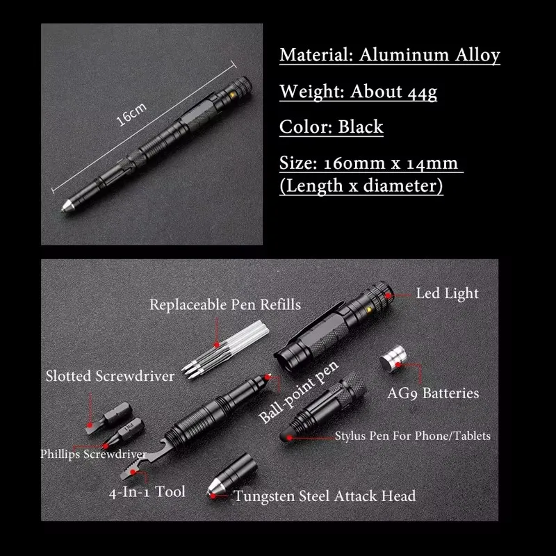 10-In-1 MULTI FUNCTION ปากกายุทธวิธีไฟฉายฉุกเฉินไขควงที่เปิดขวด Outdoor Survival Self Defense Rescue EDC เครื่องมือ