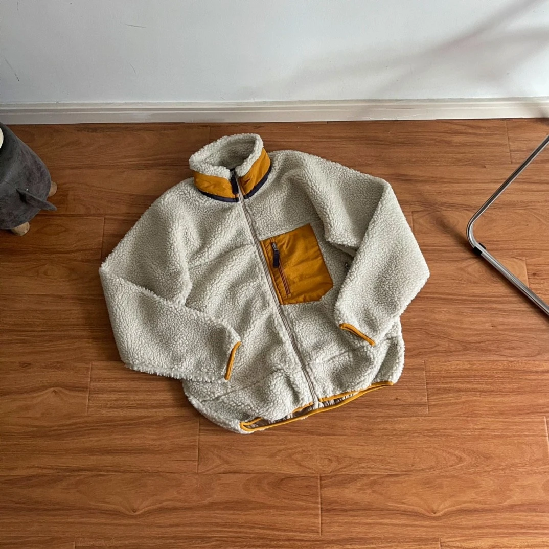 Veste unisexe en polaire d'agneau coupe ample – Col montant, multicolore, manteau polaire chaud avec poches rétro contrastées pour un usage décontracté