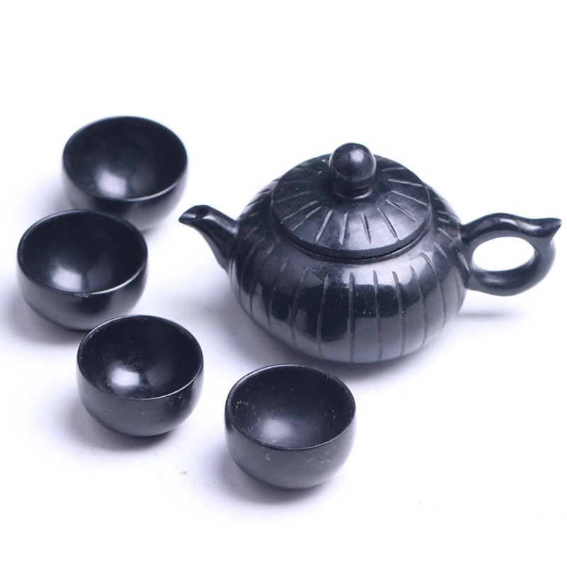Dark Jade Teapot Teacup Serpentine Jade Olive Green Meteorite Pot Medicine King Stone Tea Set