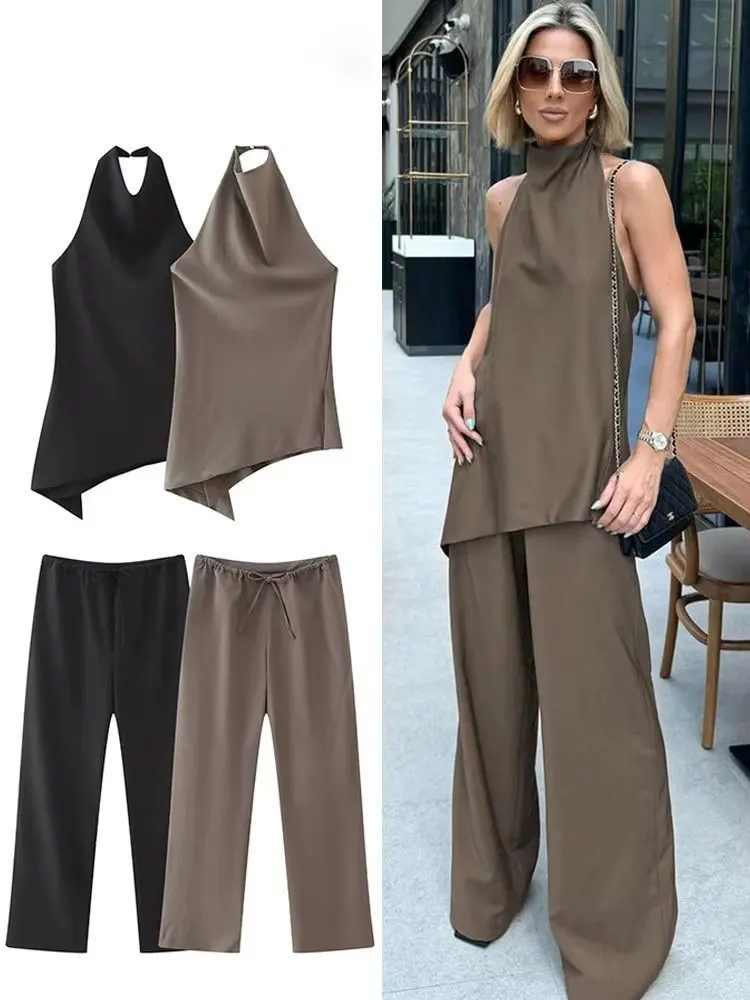 HH Frauen Vintage Solide Hose Sets Sexy Backless Halter Camis Top Asymmetrische Tank Top + Kordelzug Hosen Mode Streetwear