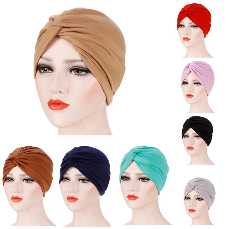 Elástico cor sólida pré-amarrado hijab envoltório cabeça cachecol chapéus turbante muçulmano gorro para mulheres chapéu interno moda feminina turbantes bonés