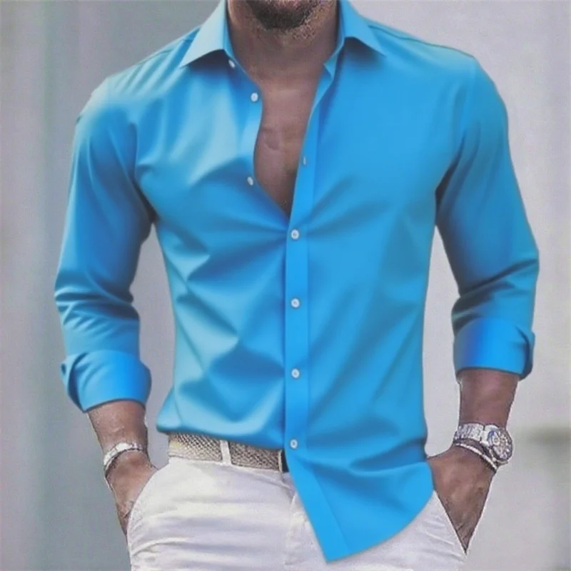 Camisa blanca informal de color sólido para hombre, tela elástica informal de manga larga a la moda, camisa formal de negocios, tela cómoda