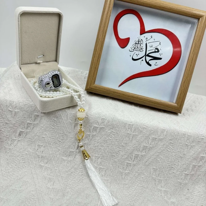 99 contas de oração pulseira conjunto com caixa de presente e contador de dedo reajustável nova imitação de pérola pulseira de oração presente do ramadan