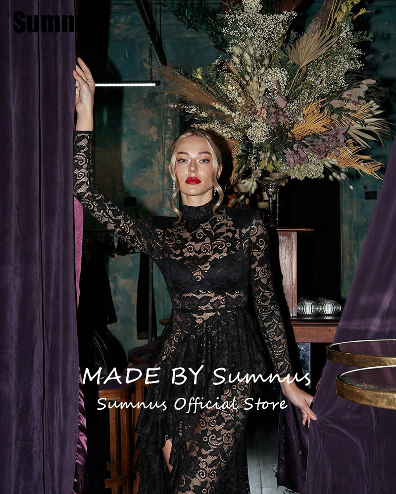 SUMNUS ลูกไม้สีดํา Mermaid Prom Dress Elegant แขนยาวเซ็กซี่ Side Slit ชุดราตรีภาพลวงตา Gowns อย่างเป็นทางการที่กําหนดเอง