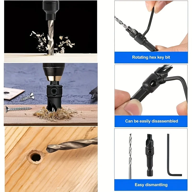 5Pcs Hexagonal Handle Woodworking Countersunk Drill High Speed Opening Chamfer Integrated Twist Drill Woodworking Countersunk
