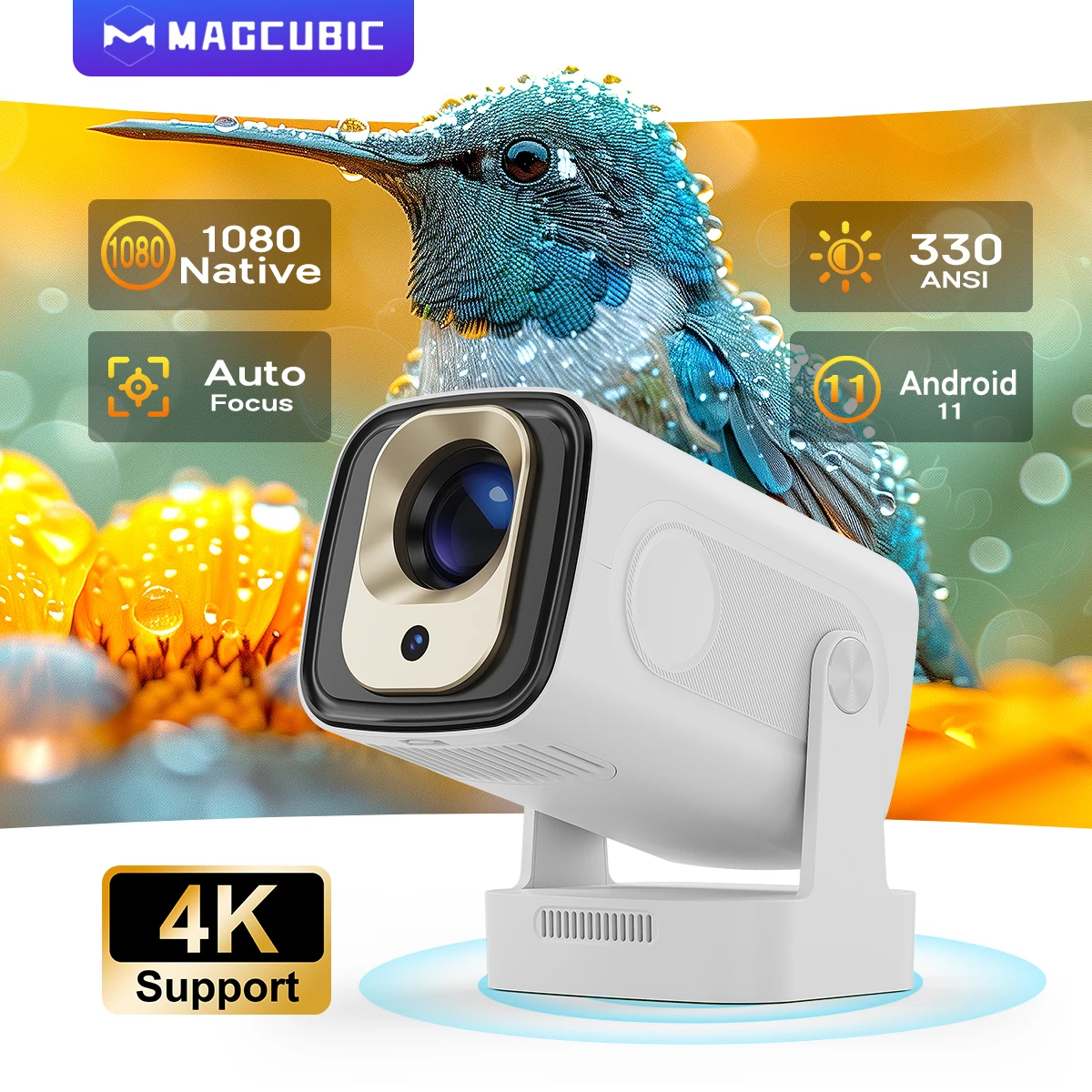 Magcubic HY310 Android 11 proyector 4K nativo 1080P enfoque automático 330ANSI Wifi Dual con Air Mouse asistente de voz altavoz incorporado