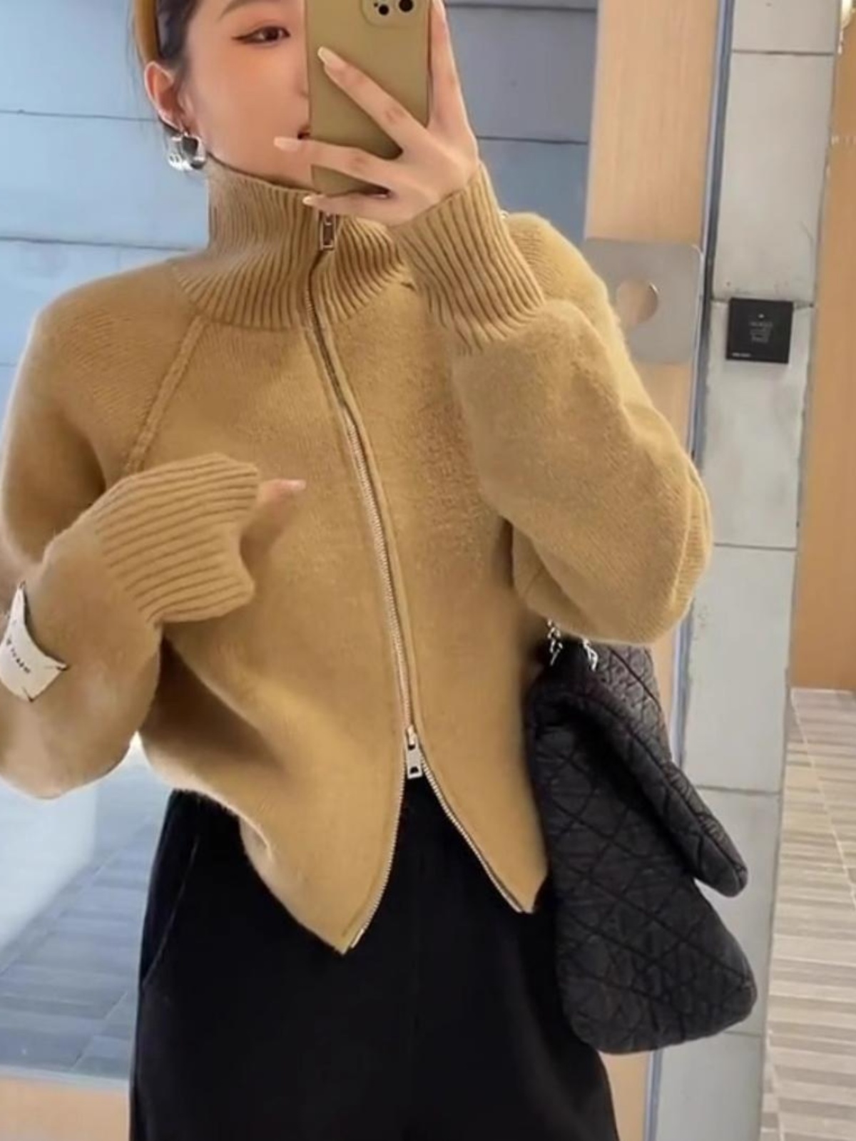 MD-ダブルジッパーニットアウター、ルーズトップ、モノクロ、秋冬ファッション