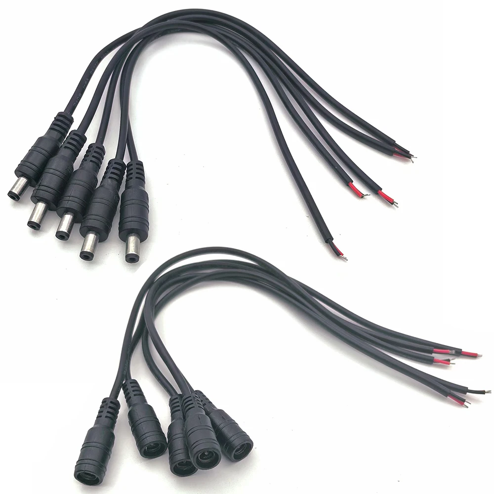 5 uds negro 5,5x2,1mm DC enchufe conector Cable Pigtail 12V macho hembra 5,5*2,1 adaptador DC para 5050 3528 tira de luz LED